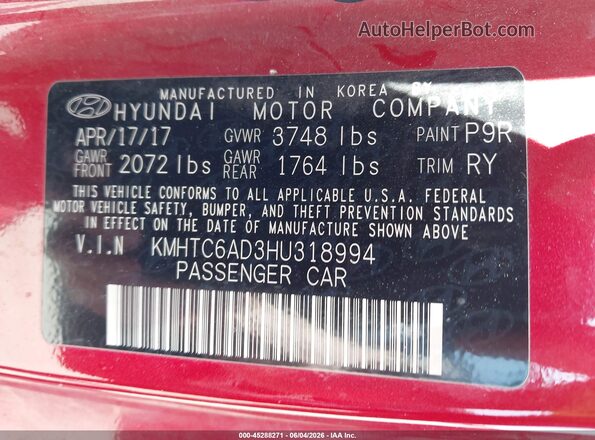 KMHTC6AD3HU318994 2017 HYUNDAI VELOSTER Red Շարժիչի բաժամունքի տեսք
