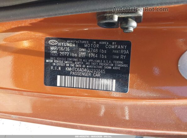 KMHTC6AD4GU293845 2016 HYUNDAI VELOSTER Orange Вид підкапотного простору