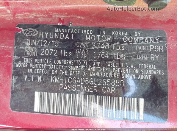 KMHTC6AD6GU265853 2016 HYUNDAI VELOSTER Red 