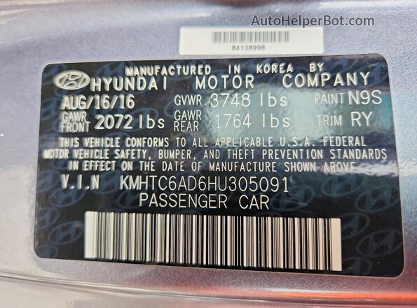 KMHTC6AD6HU305091 2017 HYUNDAI VELOSTER Gray Widok naklejki z numerem VIN