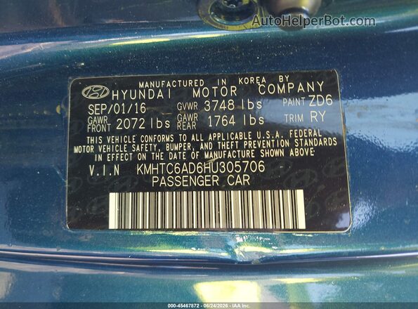 KMHTC6AD6HU305706 2017 HYUNDAI VELOSTER Blue Շարժիչի բաժամունքի տեսք