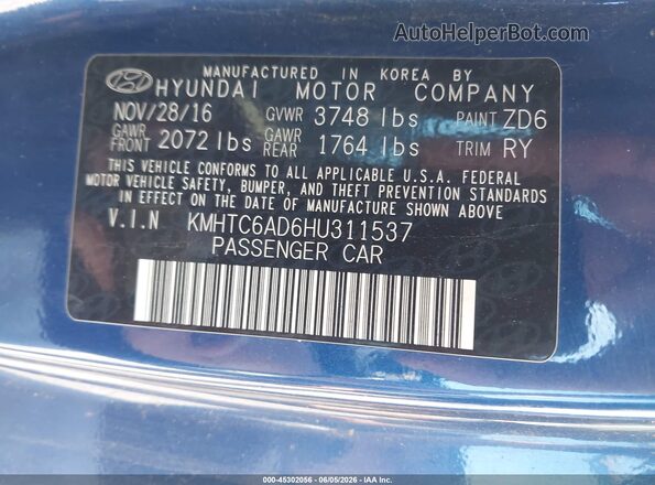 KMHTC6AD6HU311537 2017 HYUNDAI VELOSTER Blue ძრავის განყოფილების ხედი
