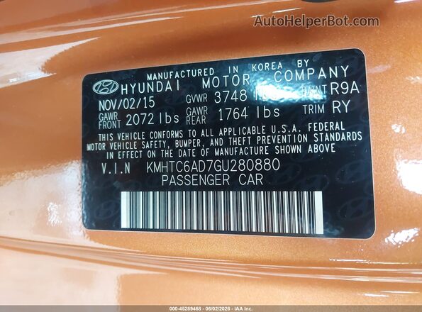 KMHTC6AD7GU280880 2016 HYUNDAI VELOSTER Orange Engine compartment view