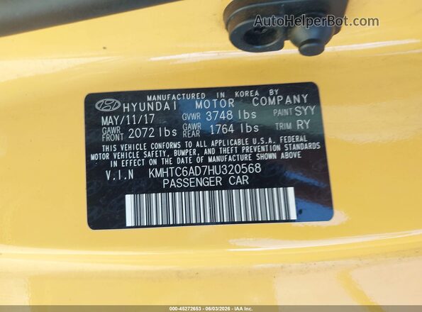 KMHTC6AD7HU320568 2017 HYUNDAI VELOSTER Yellow 