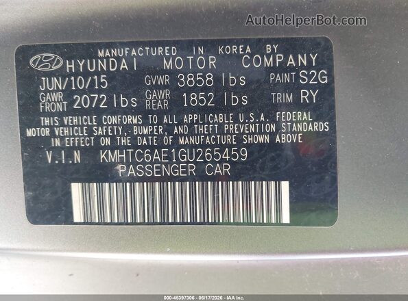 KMHTC6AE1GU265459 2016 HYUNDAI VELOSTER Gray Vista del compartimento del motor