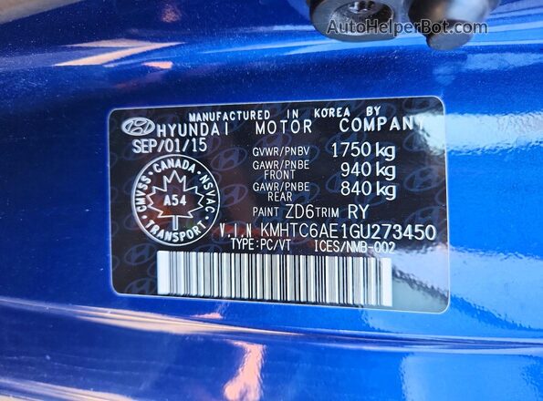 KMHTC6AE1GU273450 2016 HYUNDAI VELOSTER Blue Engine compartment view