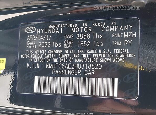 KMHTC6AE2HU318820 2017 HYUNDAI VELOSTER Black Շարժիչի բաժամունքի տեսք