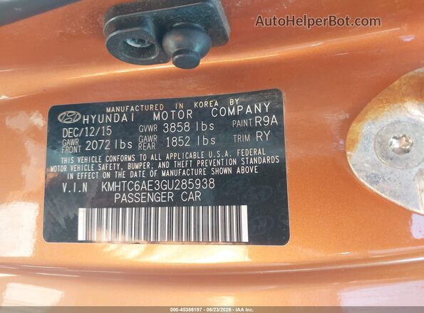 KMHTC6AE3GU285938 2016 HYUNDAI VELOSTER Orange Շարժիչի բաժամունքի տեսք