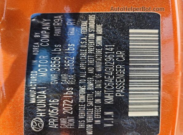 KMHTC6AE4GU296141 2016 HYUNDAI VELOSTER Orange Engine compartment view