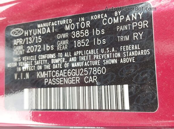 KMHTC6AE6GU257860 2016 HYUNDAI VELOSTER Red Widok komory silnika