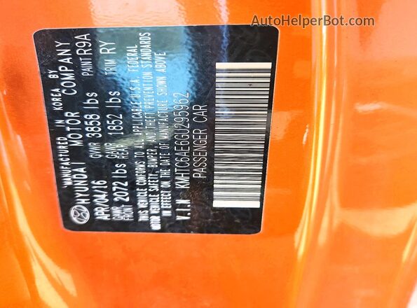 KMHTC6AE6GU295962 2016 HYUNDAI VELOSTER Orange VIN կոդի պիտակի տեսք