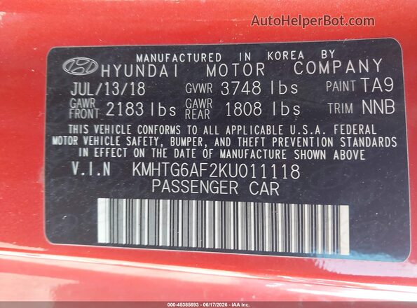 KMHTG6AF2KU011118 2019 HYUNDAI VELOSTER Red Вид підкапотного простору