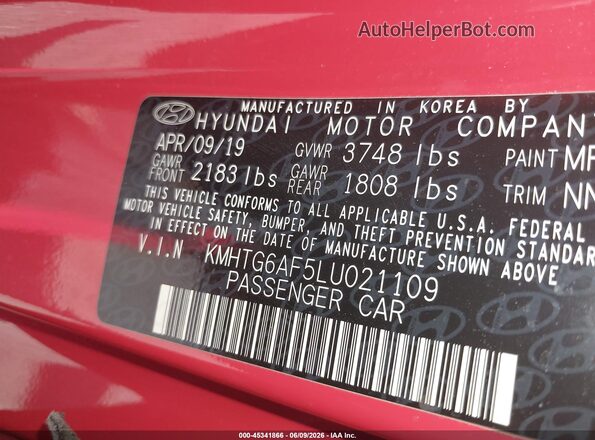 KMHTG6AF5LU021109 2020 HYUNDAI VELOSTER Red ძრავის განყოფილების ხედი