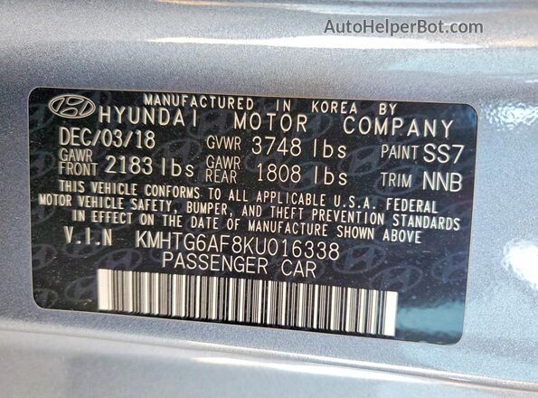 KMHTG6AF8KU016338 2019 HYUNDAI VELOSTER Blue Вид наклейки з VIN-кодом