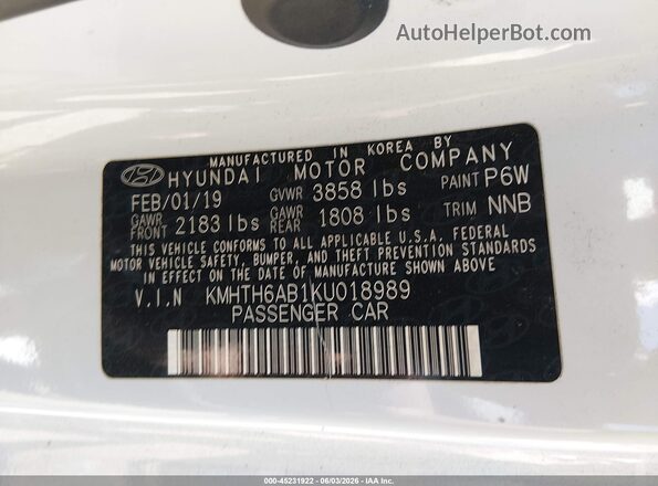 KMHTH6AB1KU018989 2019 HYUNDAI VELOSTER White 