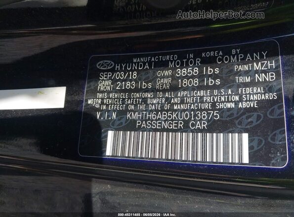 KMHTH6AB5KU013875 2019 HYUNDAI VELOSTER Black Engine compartment view