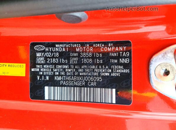 KMHTH6ABXKU006095 2019 HYUNDAI VELOSTER Orange Widok komory silnika