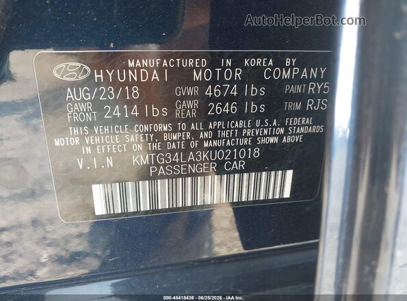 KMTG34LA3KU021018 2019 GENESIS G70 Dark Blue Vista del compartimento del motor