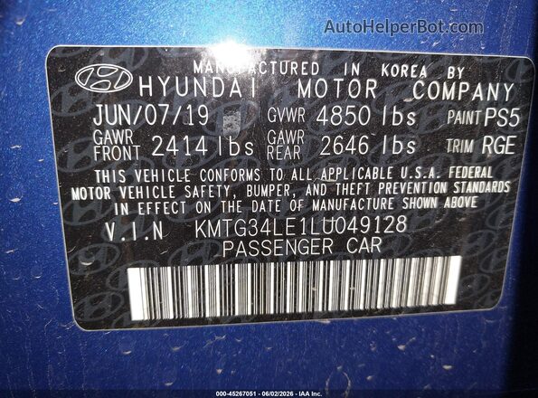 KMTG34LE1LU049128 2020 GENESIS G70 Blue Engine compartment view
