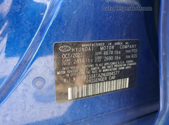KMTG34TA2NU094577 2022 GENESIS G70 Blue Вид підкапотного простору