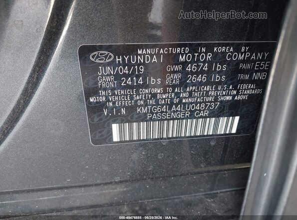 KMTG64LA4LU048737 2020 GENESIS G70 Dark Blue Vista del compartimento del motor