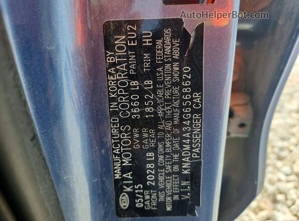 KNADM4A34G6568620 2016 KIA RIO Blue VIN կոդի պիտակի տեսք