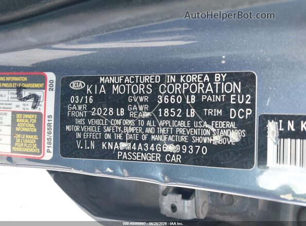 KNADM4A34G6699370 2016 KIA RIO Blue ძრავის განყოფილების ხედი