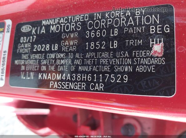 KNADM4A38H6117529 2017 KIA RIO Red Շարժիչի բաժամունքի տեսք