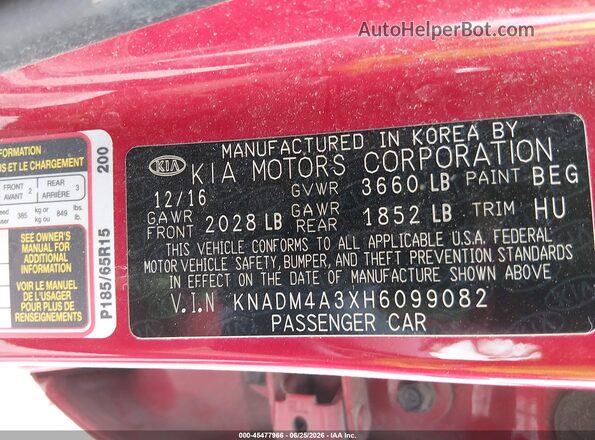 KNADM4A3XH6099082 2017 KIA RIO Red Vista del compartimento del motor