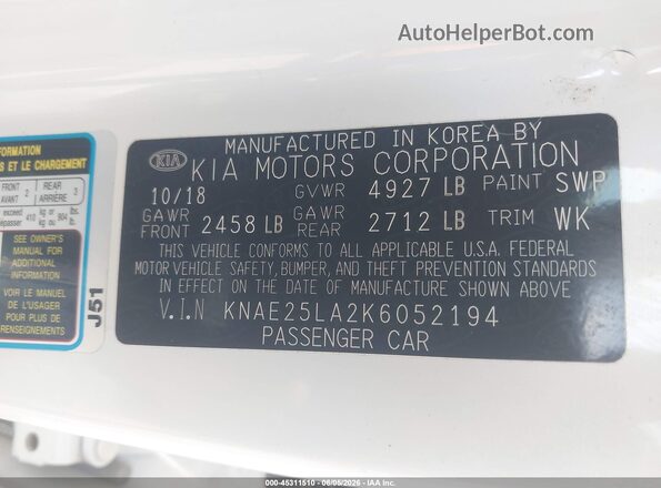 KNAE25LA2K6052194 2019 KIA STINGER White Widok komory silnika
