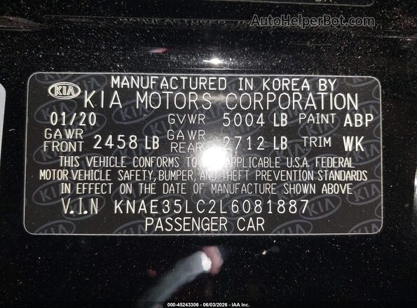 KNAE35LC2L6081887 2020 KIA STINGER Black Engine compartment view