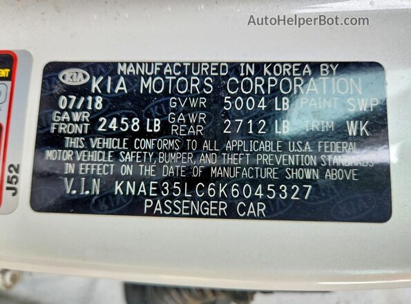 KNAE35LC6K6045327 2019 KIA STINGER Белый Вид наклейки с VIN-кодом