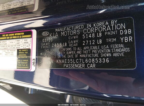KNAE35LC7L6085336 2020 KIA STINGER Blue Շարժիչի բաժամունքի տեսք