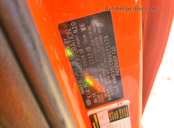 KNAE35LC9K6071176 2019 KIA STINGER Orange Vista de la etiqueta del VIN