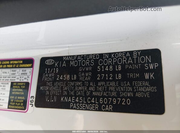 KNAE45LC4L6079720 2020 KIA STINGER White Vista del compartimento del motor