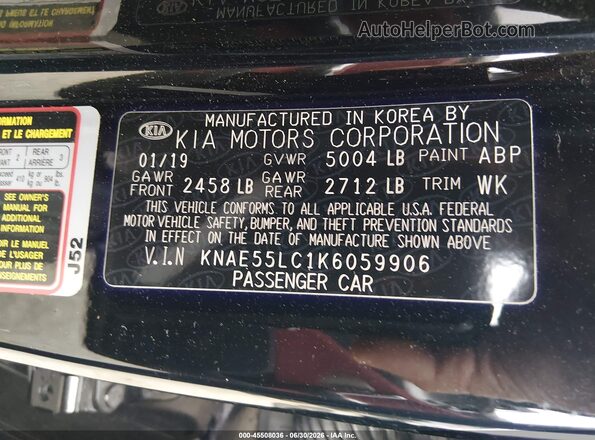 KNAE55LC1K6059906 2019 KIA STINGER Black Вид підкапотного простору