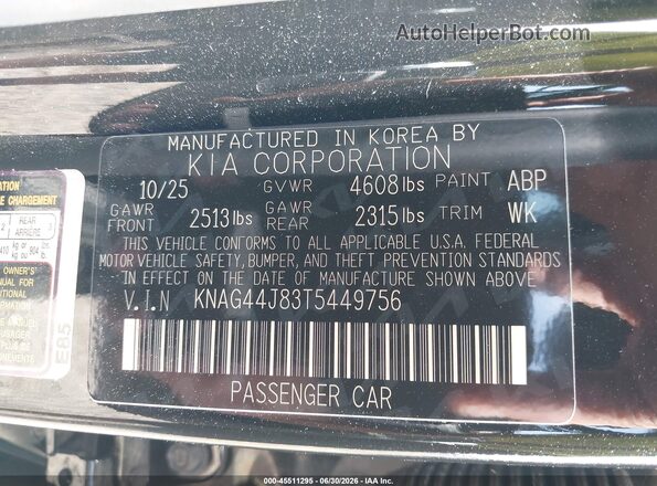 KNAG44J83T5449756 2026 KIA K5 Black Շարժիչի բաժամունքի տեսք