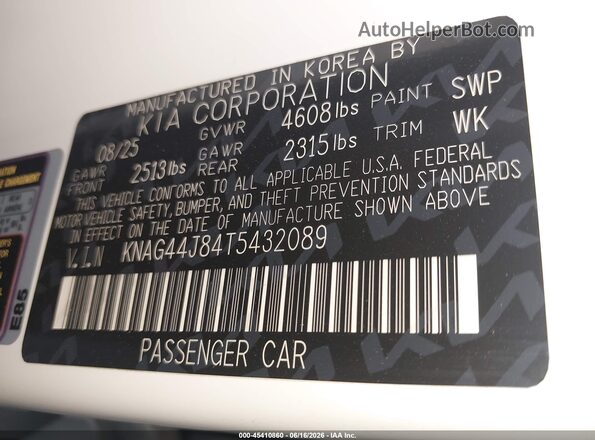 KNAG44J84T5432089 2026 KIA K5 White Widok komory silnika