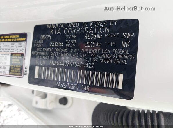 KNAG44J86T5429422 2026 KIA K5 White Engine compartment view