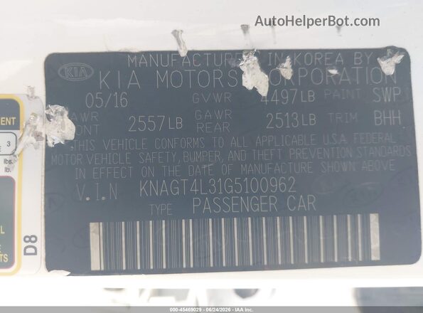 KNAGT4L31G5100962 2016 KIA OPTIMA White ძრავის განყოფილების ხედი