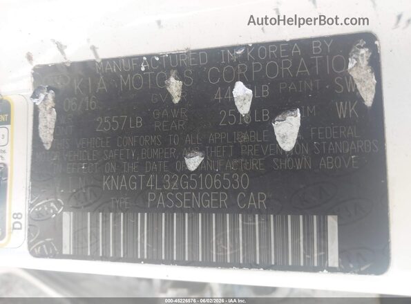 KNAGT4L32G5106530 2016 KIA OPTIMA White Շարժիչի բաժամունքի տեսք