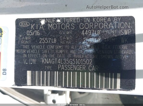 KNAGT4L35G5101502 2016 KIA OPTIMA White Вид підкапотного простору