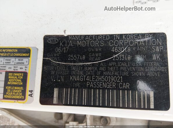 KNAGT4LE2H5019021 2017 KIA OPTIMA HYBRID White ძრავის განყოფილების ხედი