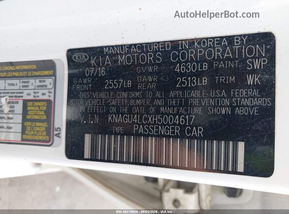 KNAGU4LCXH5004617 2017 KIA OPTIMA HYBRID White Engine compartment view