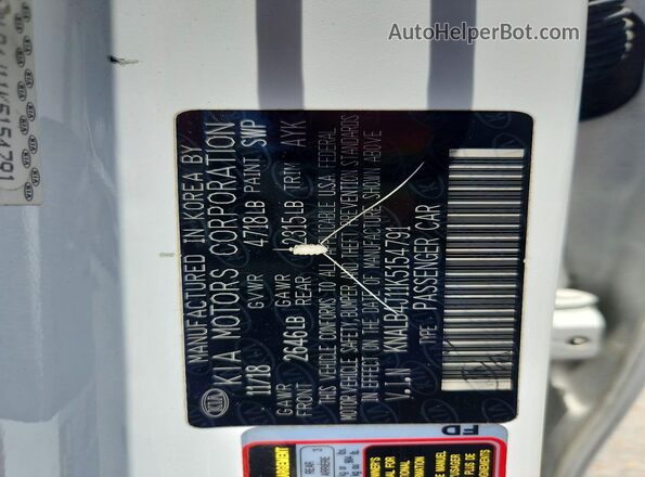 KNALB4J11K5154791 2019 KIA CADENZA White Вид наклейки з VIN-кодом