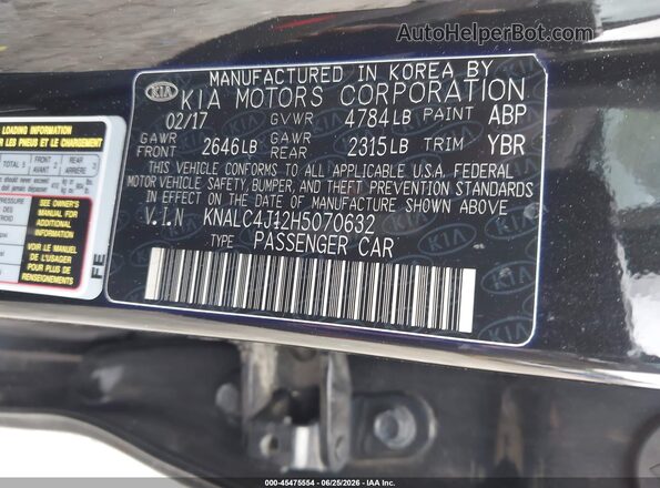 KNALC4J12H5070632 2017 KIA CADENZA Black Vista del compartimento del motor