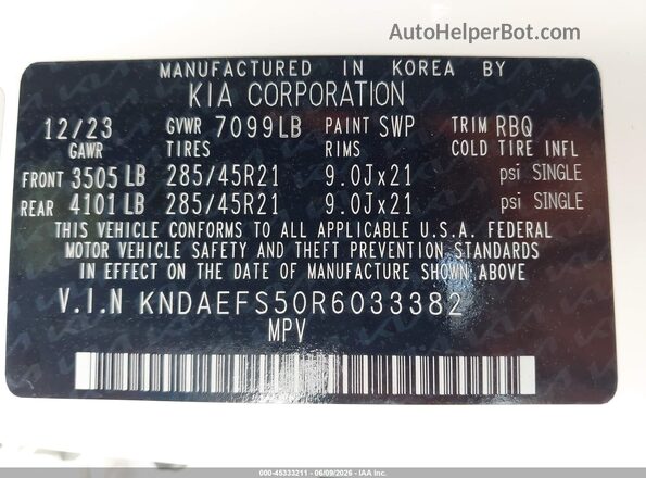 KNDAEFS50R6033382 2024 KIA EV9 White Widok komory silnika