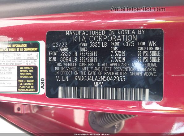 KNDC34LA2N5042955 2022 KIA EV6 Red 