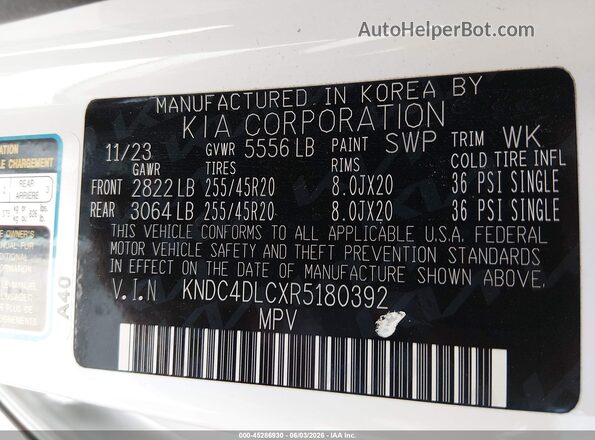 KNDC4DLCXR5180392 2024 KIA EV6 White Շարժիչի բաժամունքի տեսք