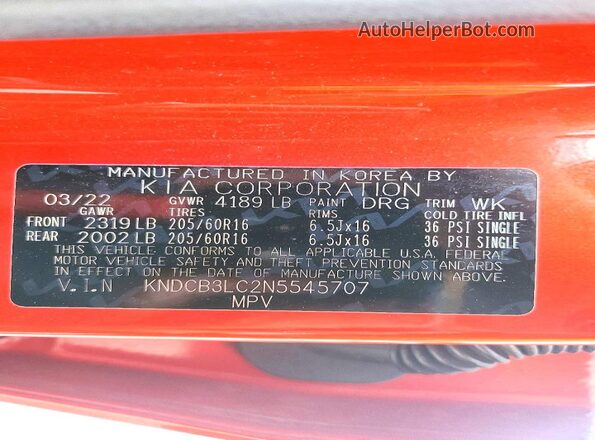 KNDCB3LC2N5545707 2022 KIA NIRO Orange 